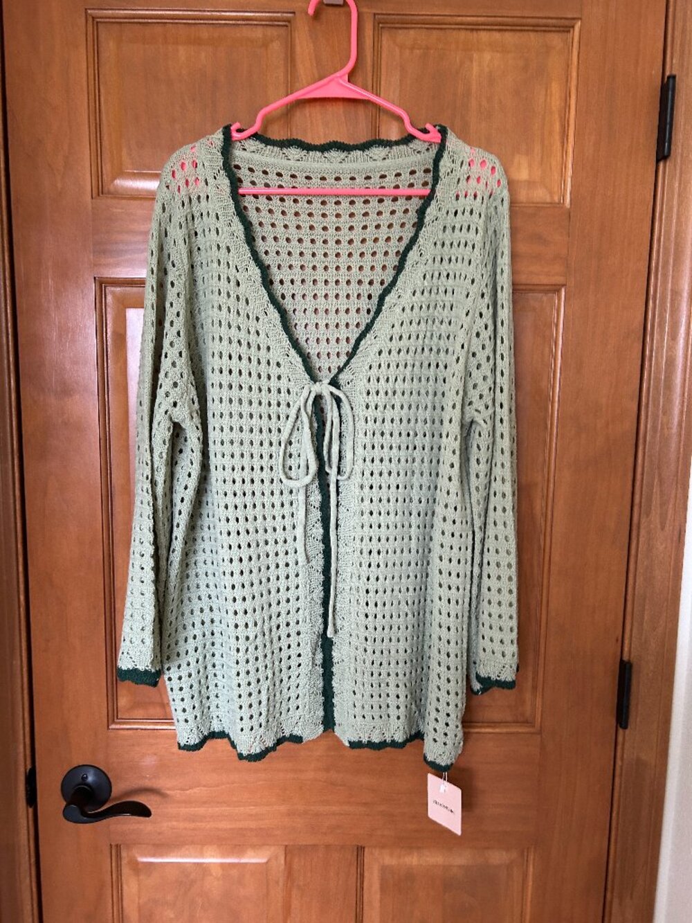 Contrast Hem Front Mid Tie Knit Cardigan - Light Green with Black Trim  - 14/16